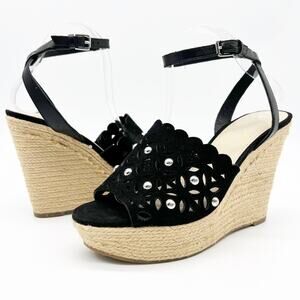 Marc Fisher‎ Womens Wedge Sandals 9.5 Black Espadrille Boho Beach Indie Sleaze